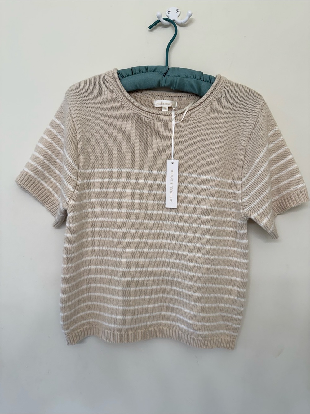 moon & madison Beige and White Striped Short-Sleeve Crew Sweater